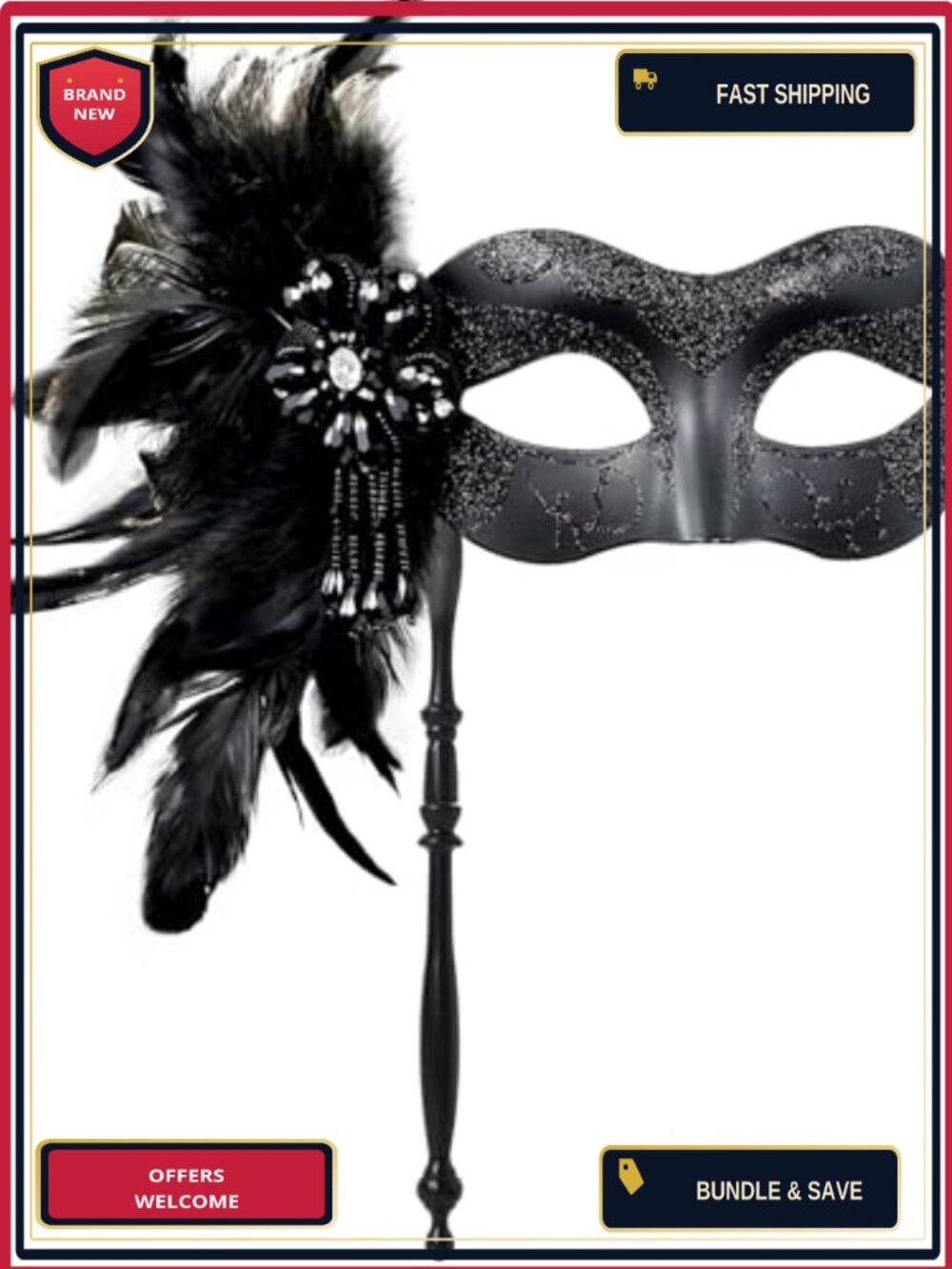 Feather Rhinestone Masquerade Mask with Stick Women's Venetian Mardi Gras